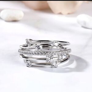 Stacked Multilayer 925 Silver Plated Zircon Ring Bridal Promise Wedding Size 8